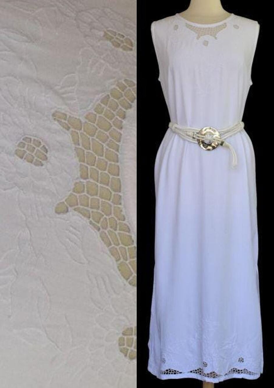 Vintage 90s Embroidered Bali Crochet Hibis White Maxi Dress, Made in Indonesia,